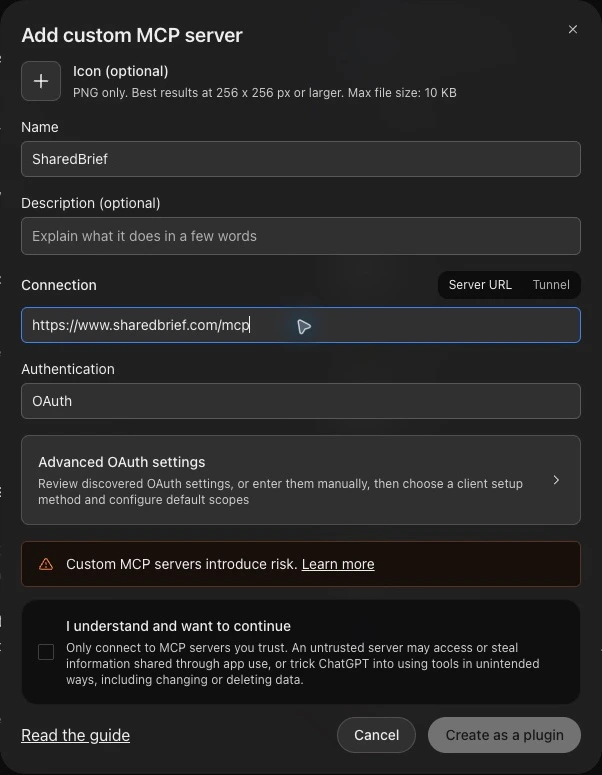 ChatGPT custom MCP form with SharedBrief as the name, the SharedBrief server URL, and OAuth authentication